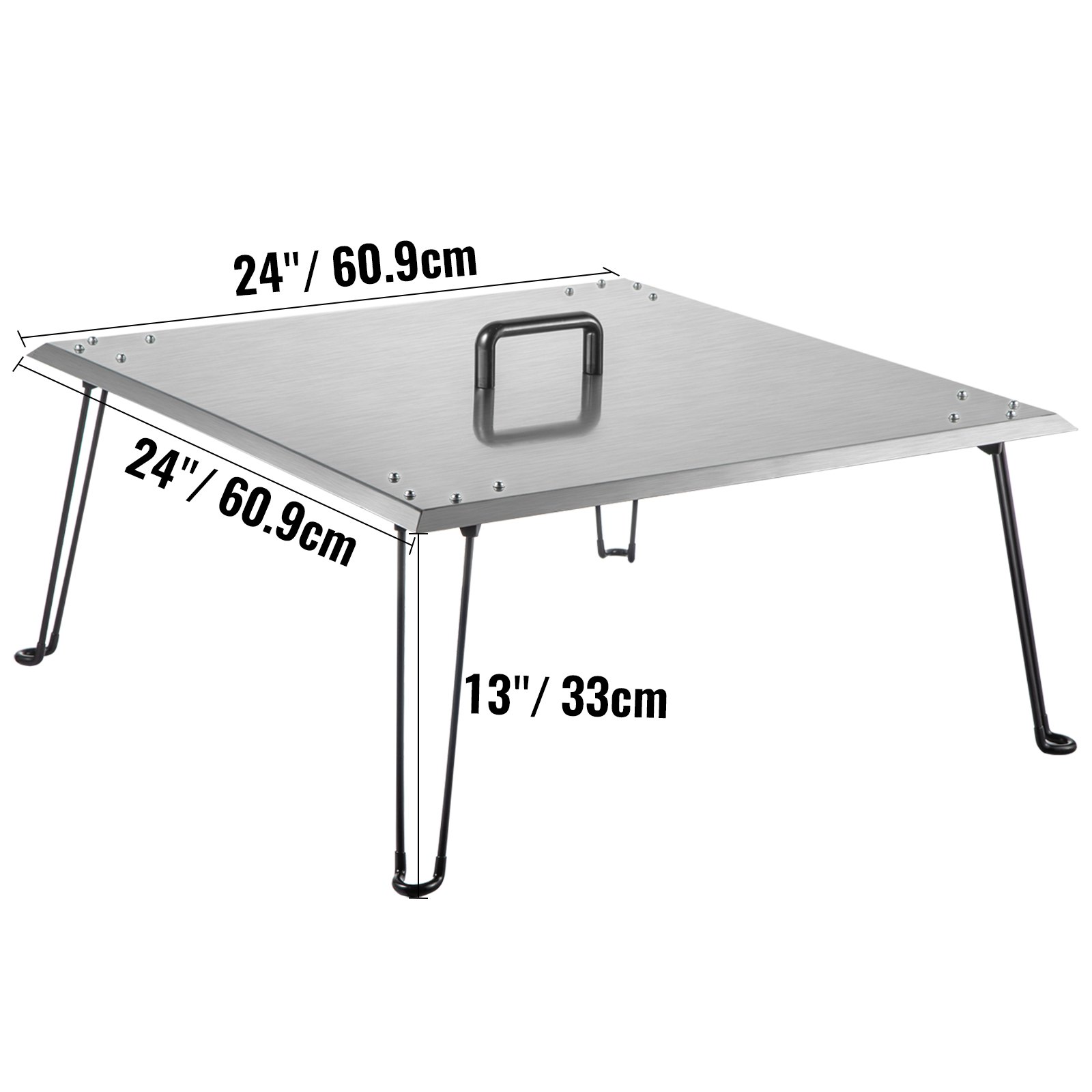 VEVOR Fire Pit Heat Deflector 24 x 24 x 13In Stainless Steel Fire Pit Cover 1.5 mm Thick Square Fire Pit Burner Cover to Push Heat Down and Out, drop in Fire Pan with Foldable Legs and Carrying Handle