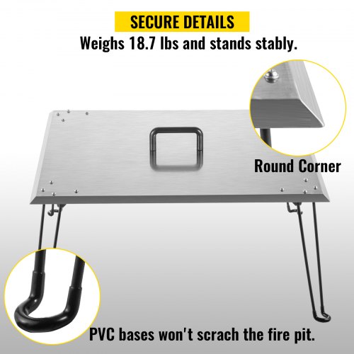 VEVOR Fire Pit Heat Deflector 30 x 30 x 13 Inch, Stainless Steel Fire Pit Cover 1.5mm Thick, Square Fire Pit Burner Cover to Push Heat Down and Out, Fire Pit Lid with Foldable Legs and Carrying Handle