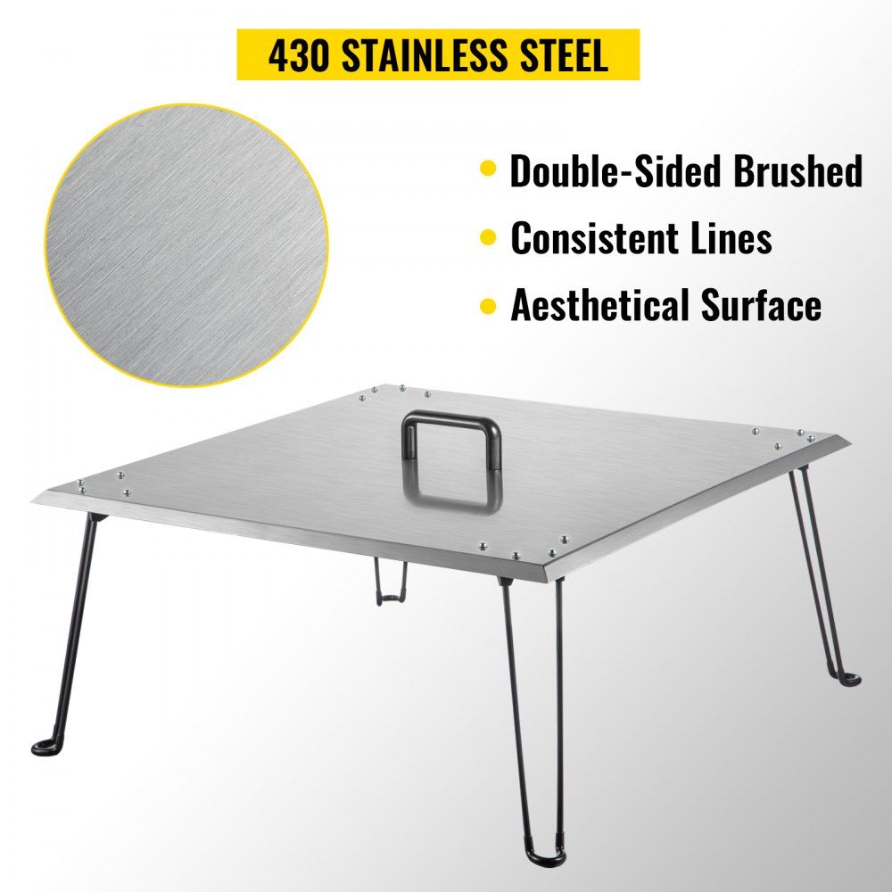 VEVOR Fire Pit Heat Deflector 30 x 30 x 13 Inch, Stainless Steel Fire Pit Cover 1.5mm Thick, Square Fire Pit Burner Cover to Push Heat Down and Out, Fire Pit Lid with Foldable Legs and Carrying Handle