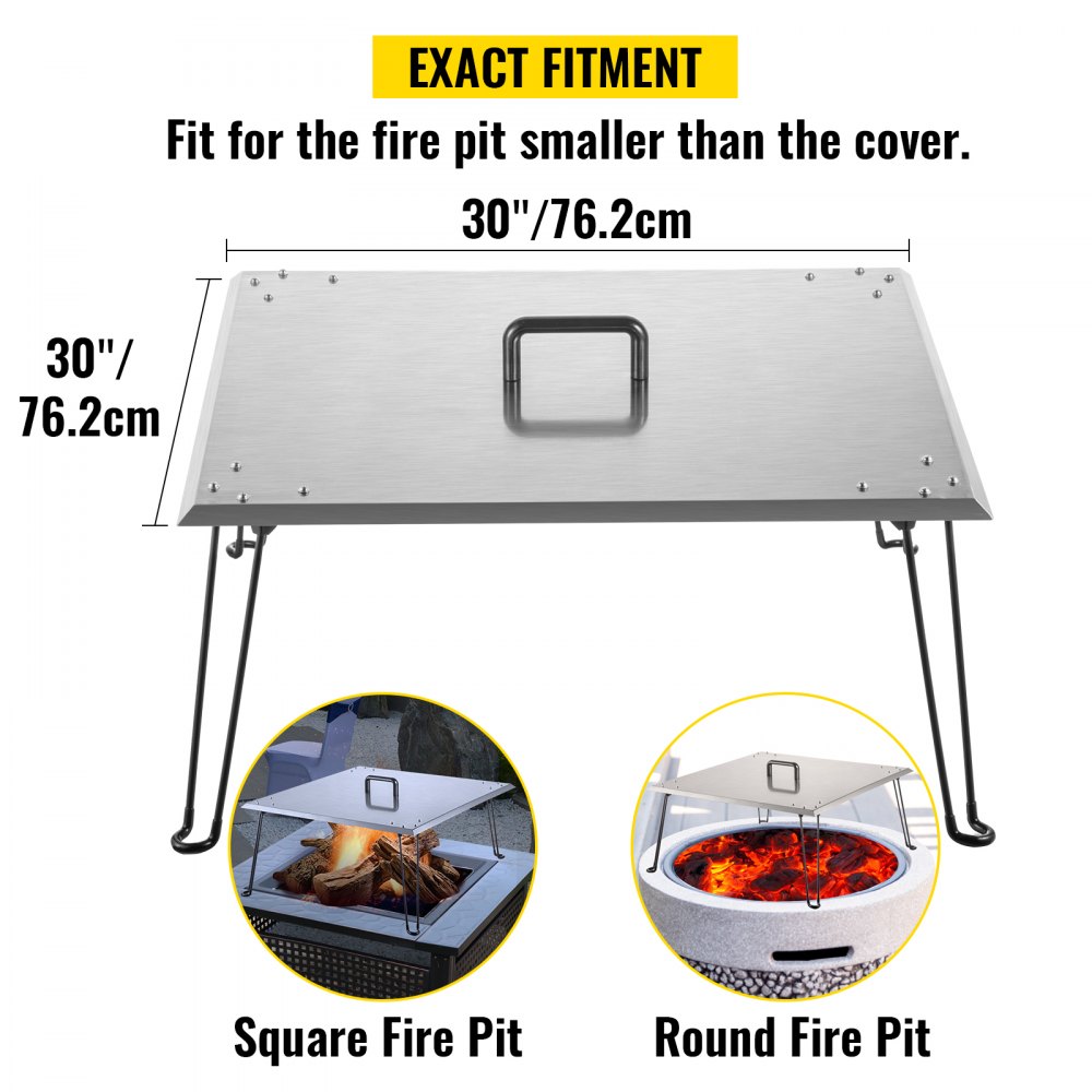 VEVOR Fire Pit Heat Deflector 30 x 30 x 13 Inch, Stainless Steel Fire Pit Cover 1.5mm Thick, Square Fire Pit Burner Cover to Push Heat Down and Out, Fire Pit Lid with Foldable Legs and Carrying Handle