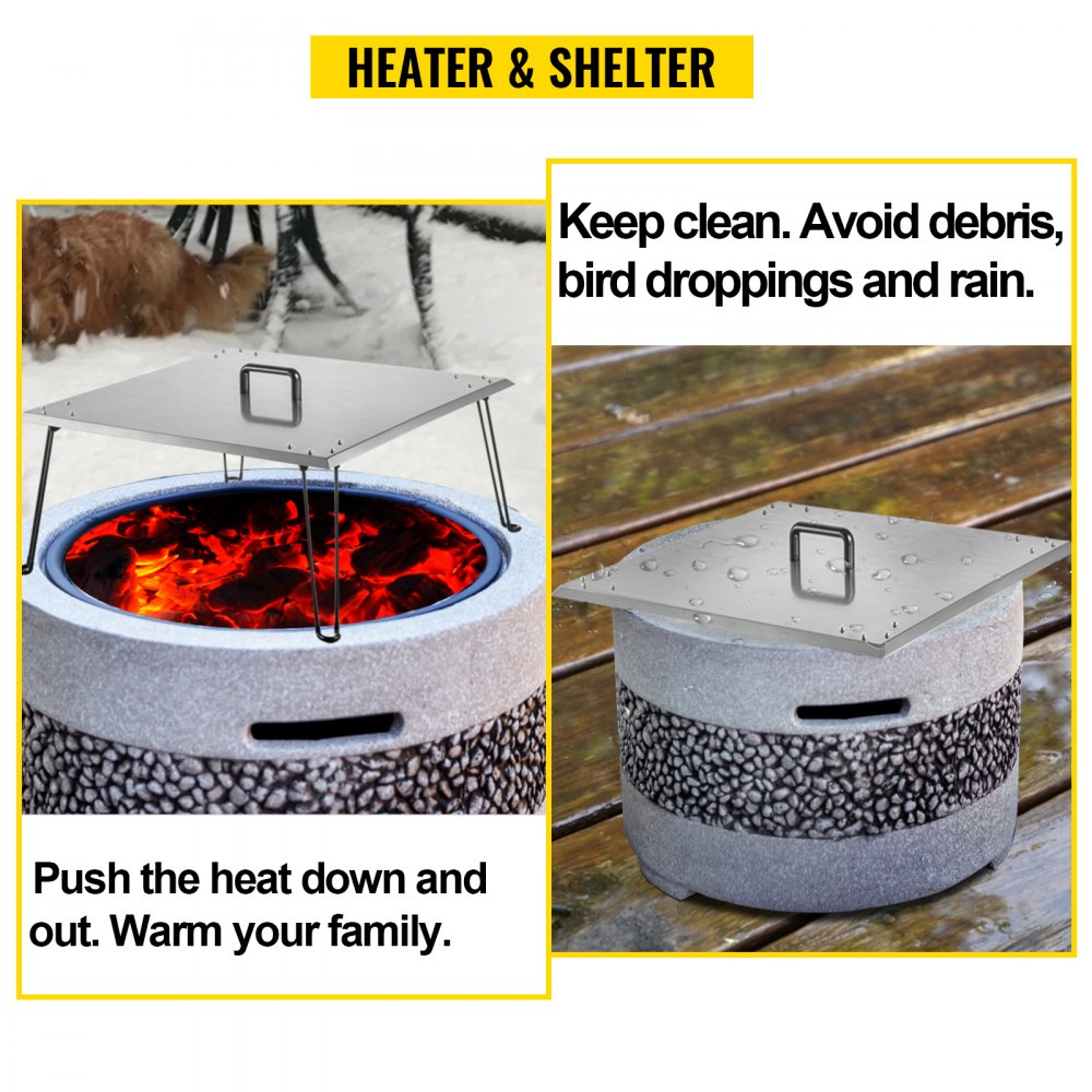 VEVOR Fire Pit Heat Deflector 30 x 30 x 13 Inch, Stainless Steel Fire Pit Cover 1.5mm Thick, Square Fire Pit Burner Cover to Push Heat Down and Out, Fire Pit Lid with Foldable Legs and Carrying Handle
