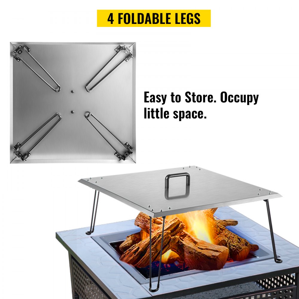 VEVOR Fire Pit Heat Deflector 30 x 30 x 13 Inch, Stainless Steel Fire Pit Cover 1.5mm Thick, Square Fire Pit Burner Cover to Push Heat Down and Out, Fire Pit Lid with Foldable Legs and Carrying Handle