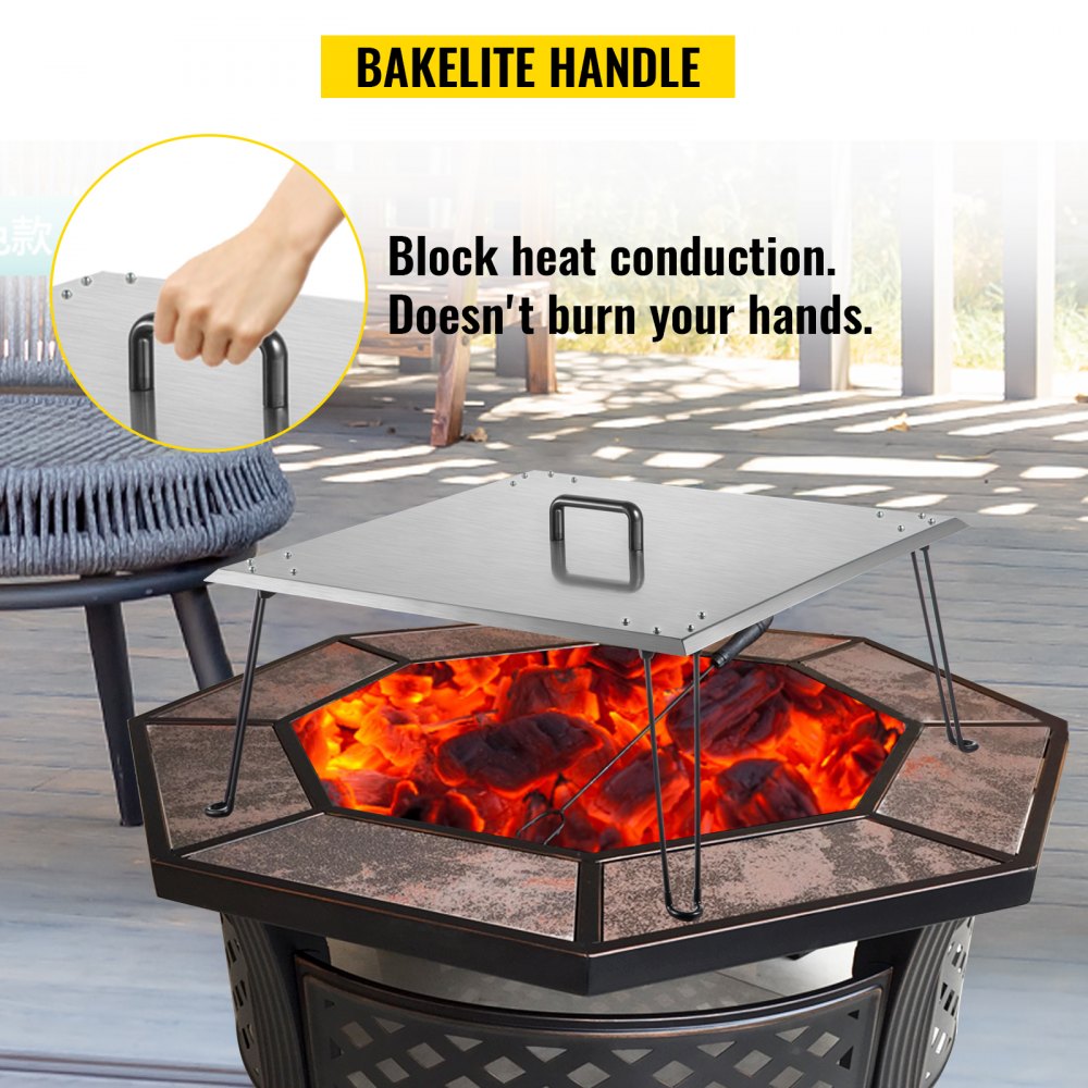 VEVOR Fire Pit Heat Deflector 30 x 30 x 13 Inch, Stainless Steel Fire Pit Cover 1.5mm Thick, Square Fire Pit Burner Cover to Push Heat Down and Out, Fire Pit Lid with Foldable Legs and Carrying Handle