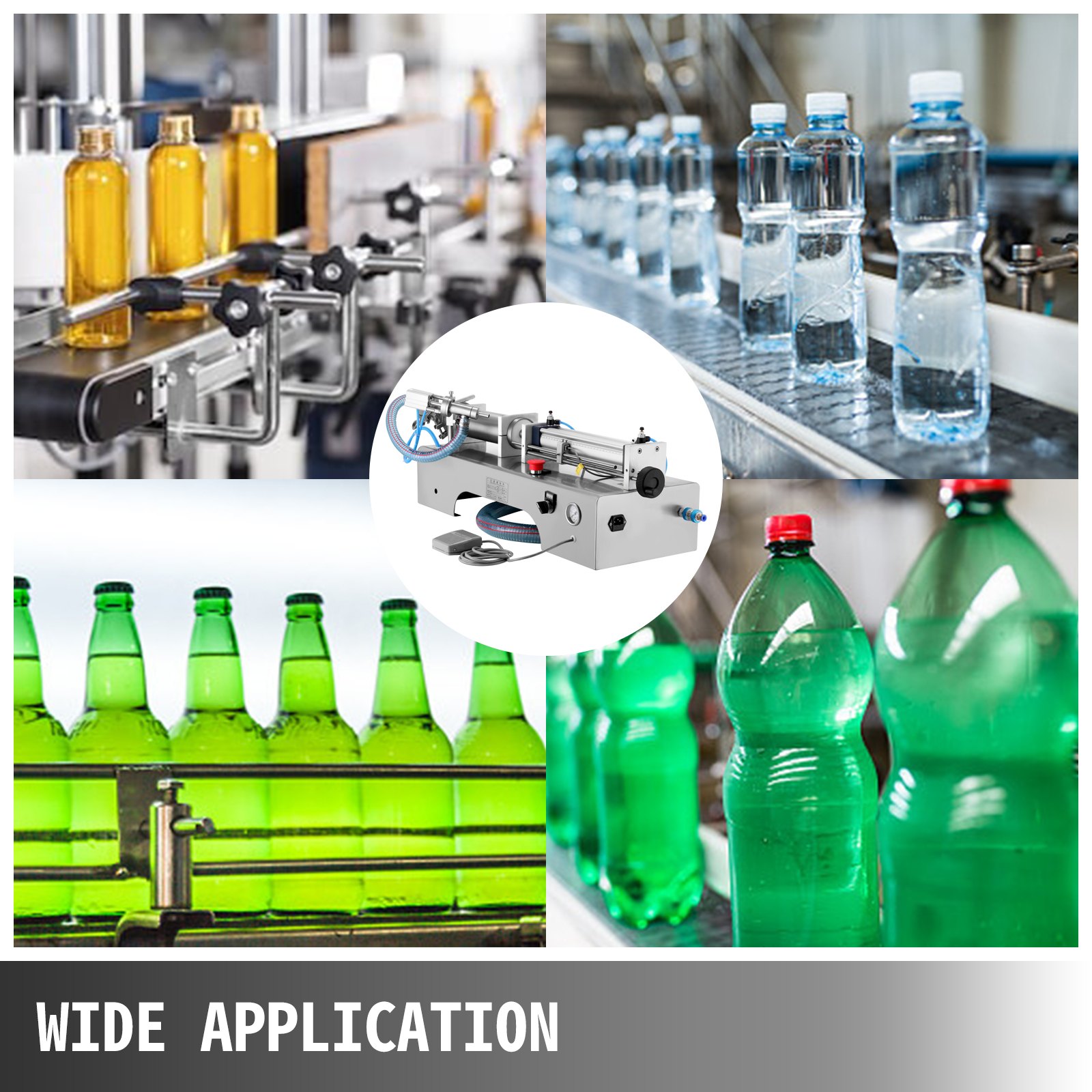 Llenadora de líquidos neumática completa horizontal VEVOR, Llenadora de líquidos neumática semiautomática de 100-1000 ml, Máquina de llenado de líquidos de cabezal único, para varios líquidos