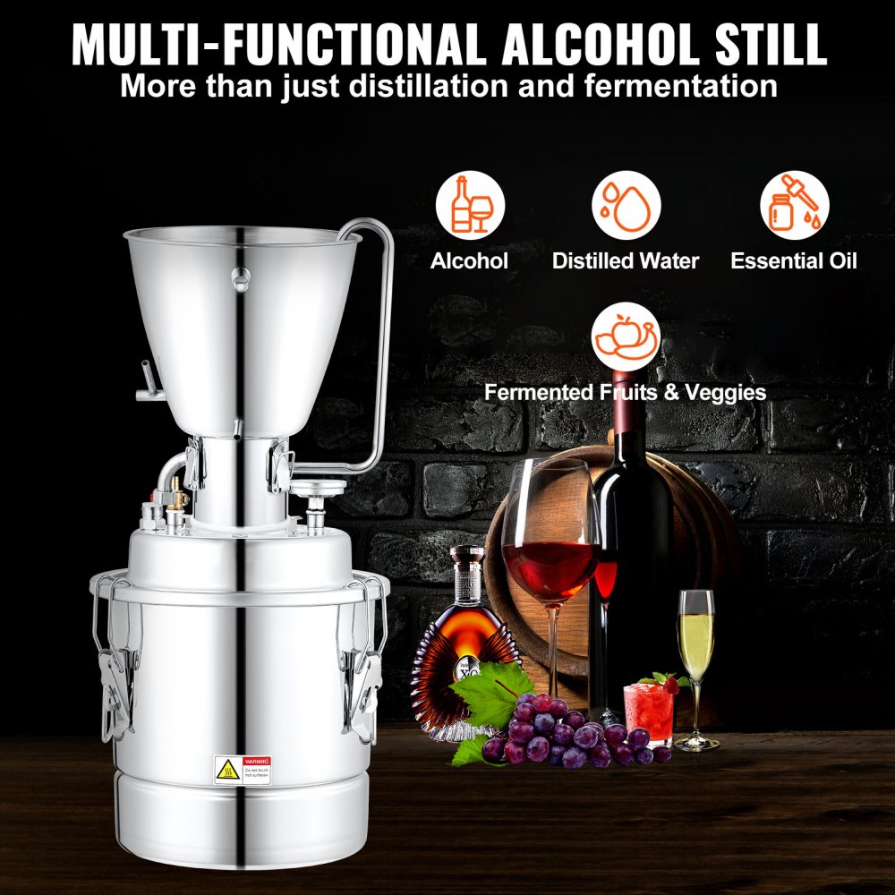 Destilador de alcohol VEVOR de 3 galones y 10 l, kit de destilación con tubo de acero inoxidable 304, bomba de circulación, termómetro integrado y puerto de escape para whisky, vino y brandy caseros, plateado
