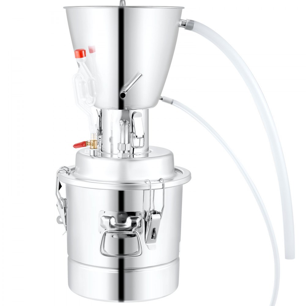 Destilador de alcohol VEVOR de 3 galones y 10 l, kit de destilación con tubo de acero inoxidable 304, bomba de circulación, termómetro integrado y puerto de escape para whisky, vino y brandy caseros, plateado
