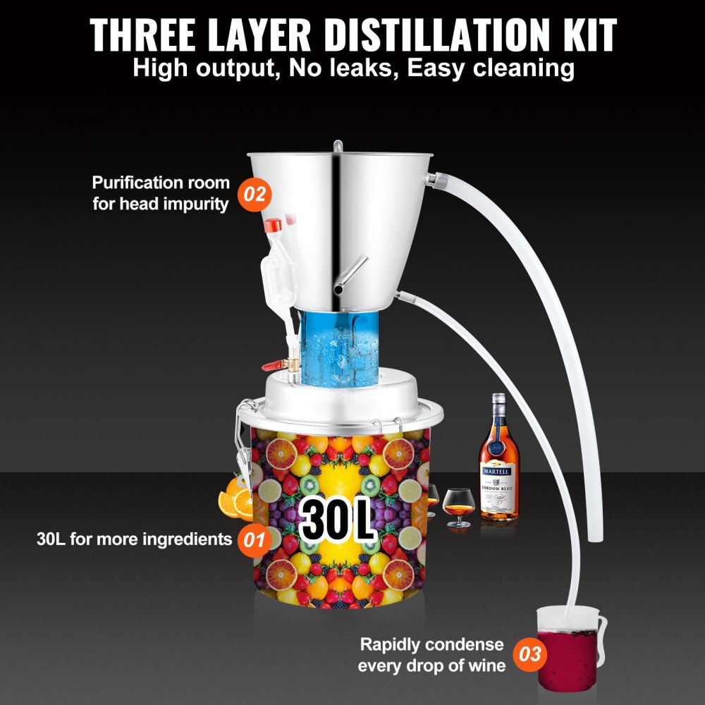 VEVOR Destilador de alcohol de agua, 8 gal/30 L, alambique de acero inoxidable 304 con bobina de 6 vueltas y puerto de escape, kit de destilería casera con bomba de termómetro, vaporización sin oxígeno para aceite esencial de brandy de whisky más puro