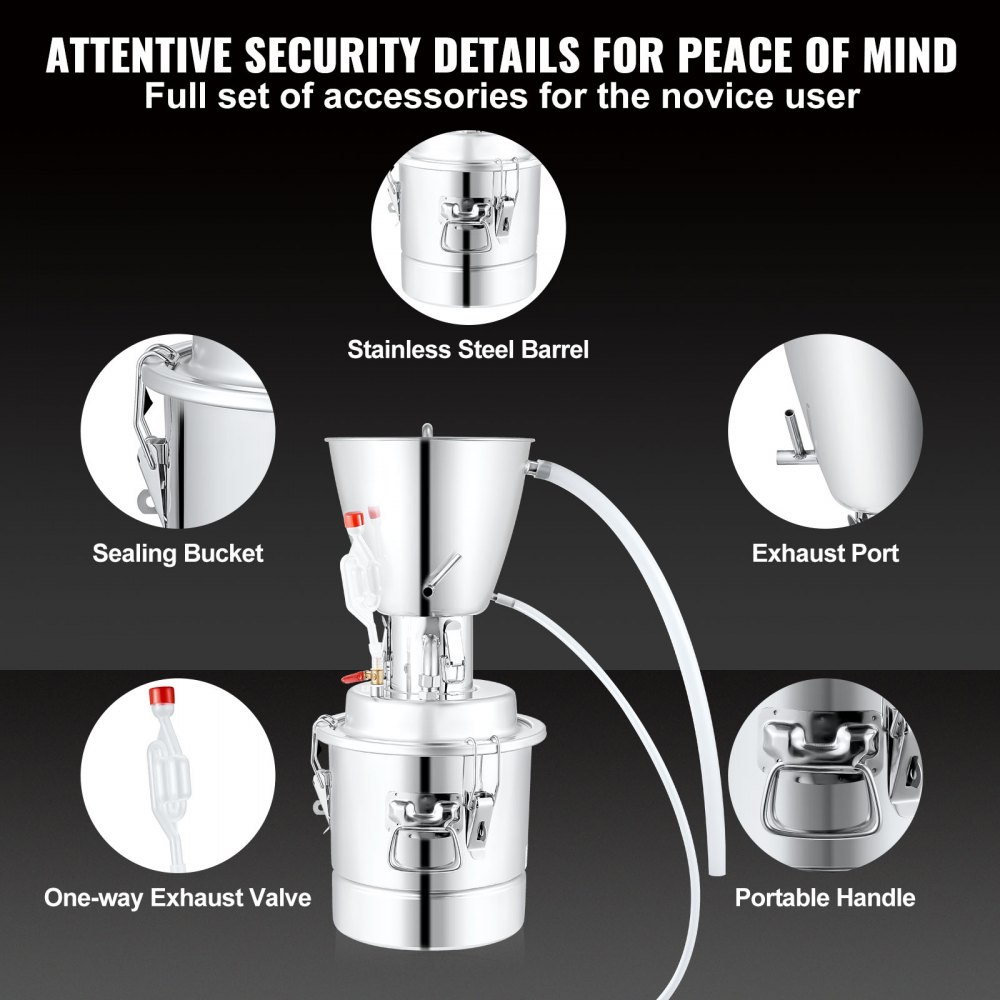 VEVOR Destilador de alcohol de agua, 8 gal/30 L, alambique de acero inoxidable 304 con bobina de 6 vueltas y puerto de escape, kit de destilería casera con bomba de termómetro, vaporización sin oxígeno para aceite esencial de brandy de whisky más puro
