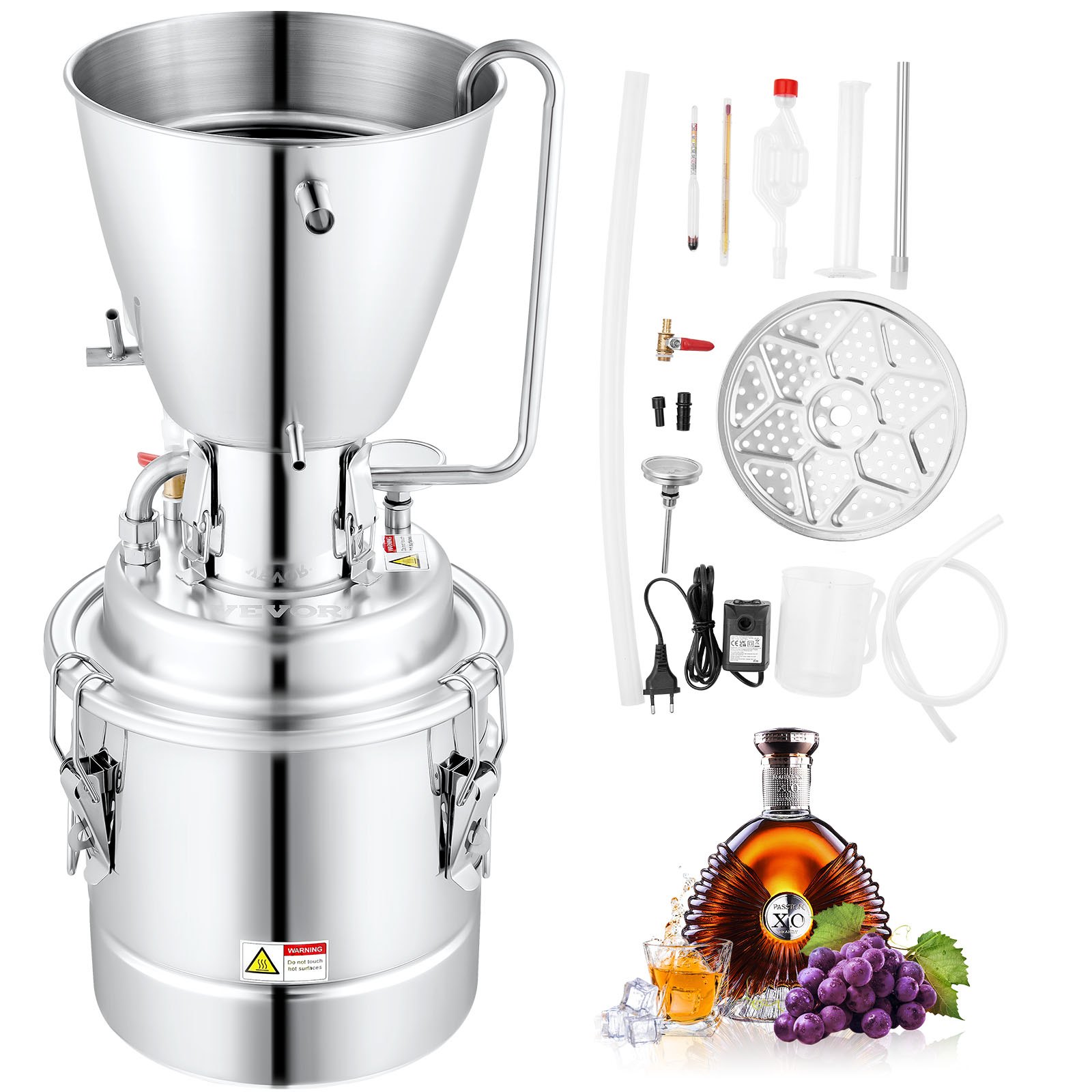 VEVOR Water Alcohol Distiller, 6.7 Gal/30 L, 304 Stainless Steel Still with 6-Lap Coil, Home Distillery Kit with 5 Kg Output per Time, with Thermometer Vinometer Pump, for Whiskey Brandy Essential Oil