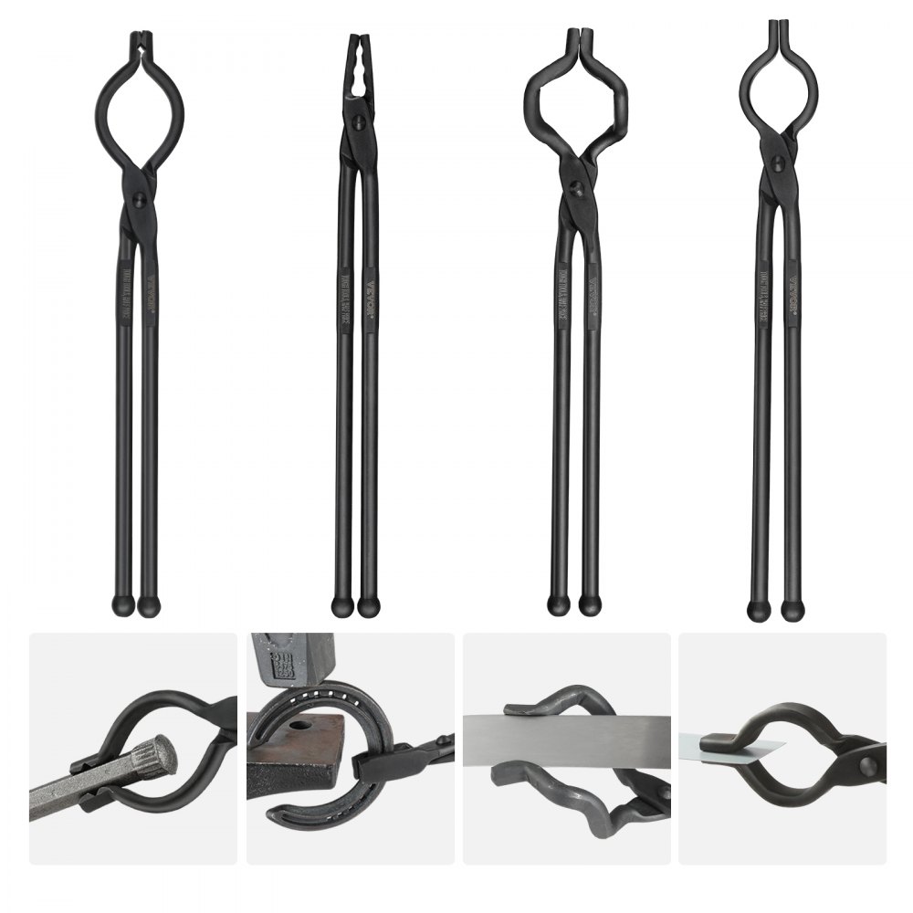 VEVOR Blacksmith Tongs, 18” 4 PCS, V-Bit Bolt Tongs, Wolf Jaw Tongs, Z V-Bit Tongs and Gripping Tongs, Carbon Steel Forge Tongs with A3 Steel Rivets