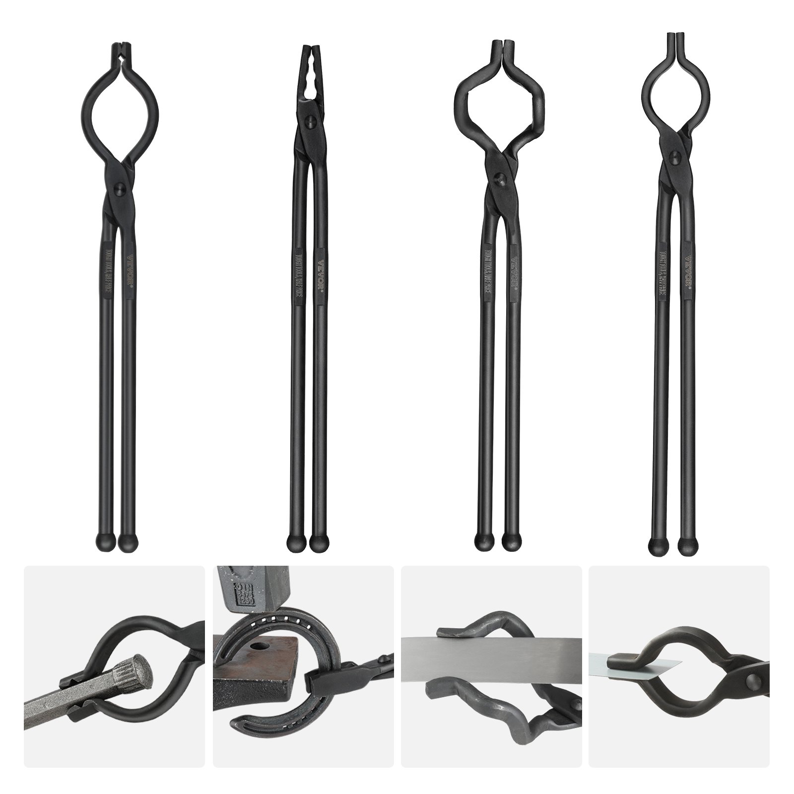 VEVOR Blacksmith Tongs, 45.7 cm 4 PCS, V-Bit Bolt Tongs, Wolf Jaw Tongs, Z V-Bit Tongs and Gripping Tongs, Carbon Steel Forge Tongs with A3 Steel Rivets, for Beginner and Seasoned Blacksmiths, Bladesmiths