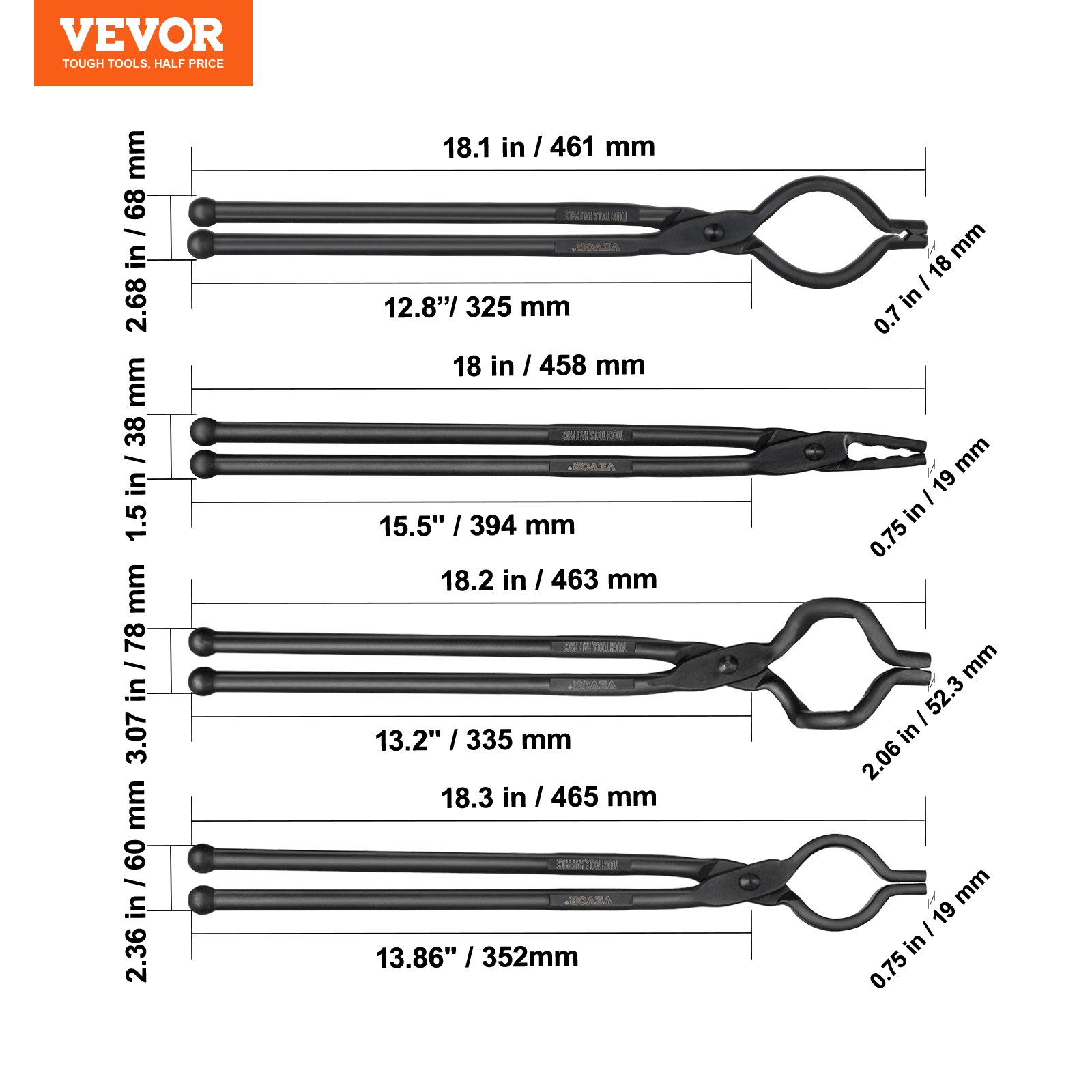 VEVOR Blacksmith Tongs, 45.7 cm 4 PCS, V-Bit Bolt Tongs, Wolf Jaw Tongs, Z V-Bit Tongs and Gripping Tongs, Carbon Steel Forge Tongs with A3 Steel Rivets, for Beginner and Seasoned Blacksmiths, Bladesmiths