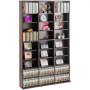 VEVOR media storage cabinet organizing cds, dvds, books, and decor items on multiple shelves.