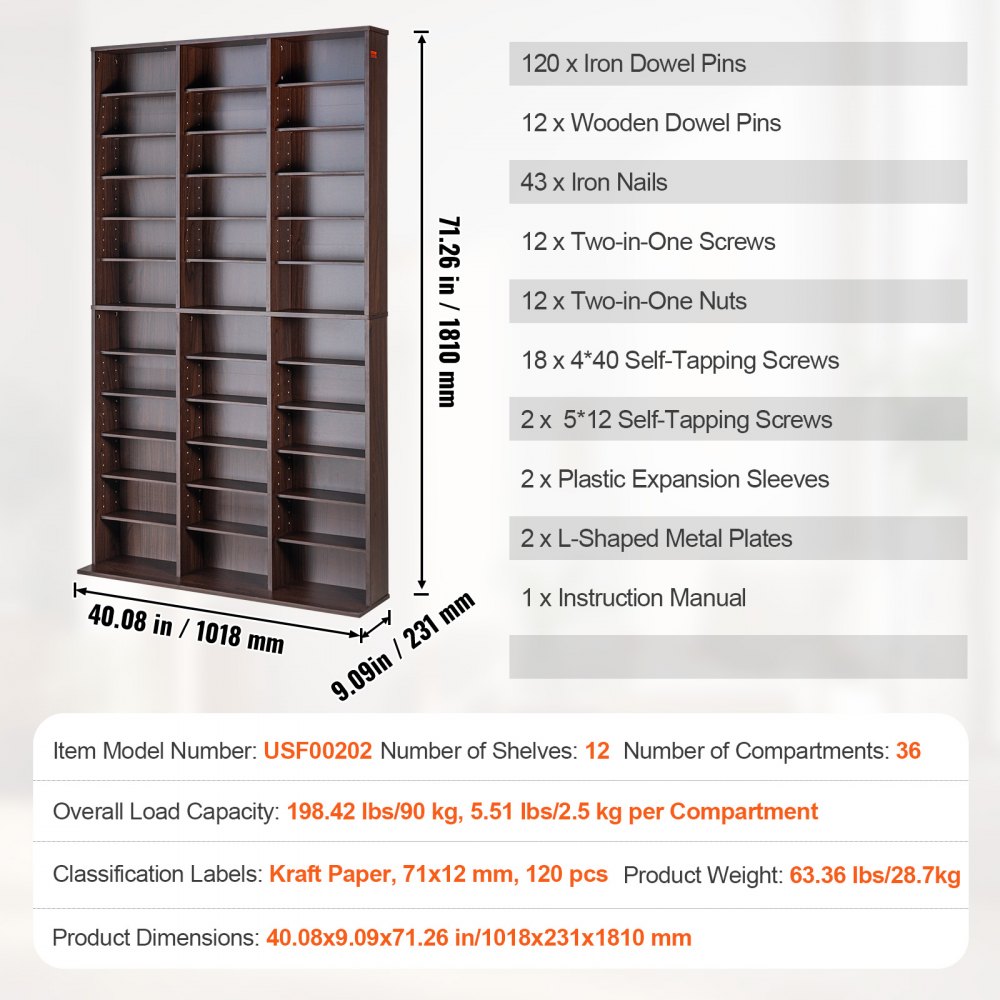 VEVOR Media Storage Cabinet, Adjustable DVD Cabinet, CD Storage Holds up to 1080 CDs, Protects & Organizes Music, Movie, Video Games or Memorabilia Collections-Espresso