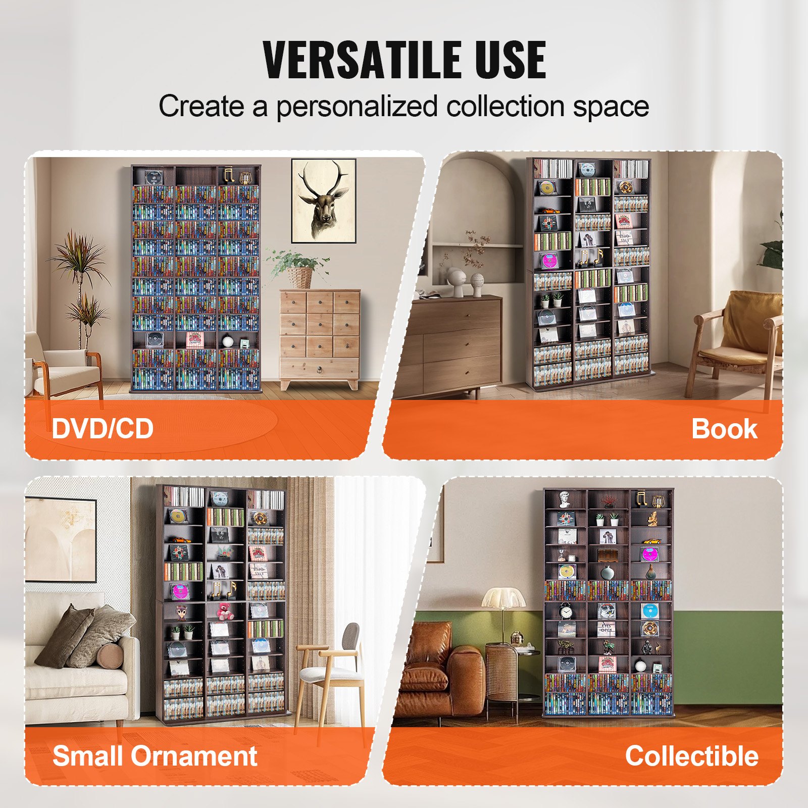VEVOR Media Storage Cabinet, Adjustable DVD Cabinet, CD Storage Holds up to 1080 CDs, Protects & Organizes Music, Movie, Video Games or Memorabilia Collections-Espresso