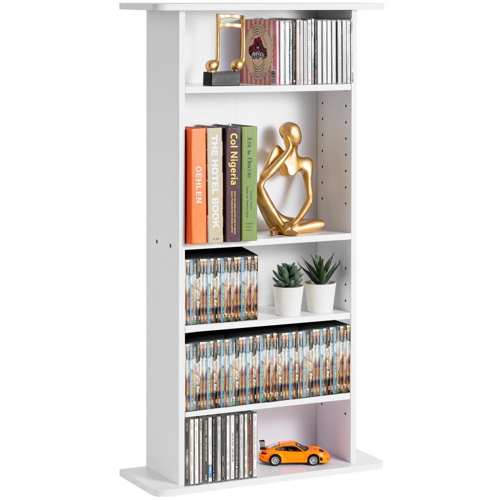 white VEVOR media storage cabinet with books, cds, dvds, figurines, potted plants, and a toy car.