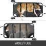 dog secured on VEVOR animal stretcher with wheels, showing "widely use".