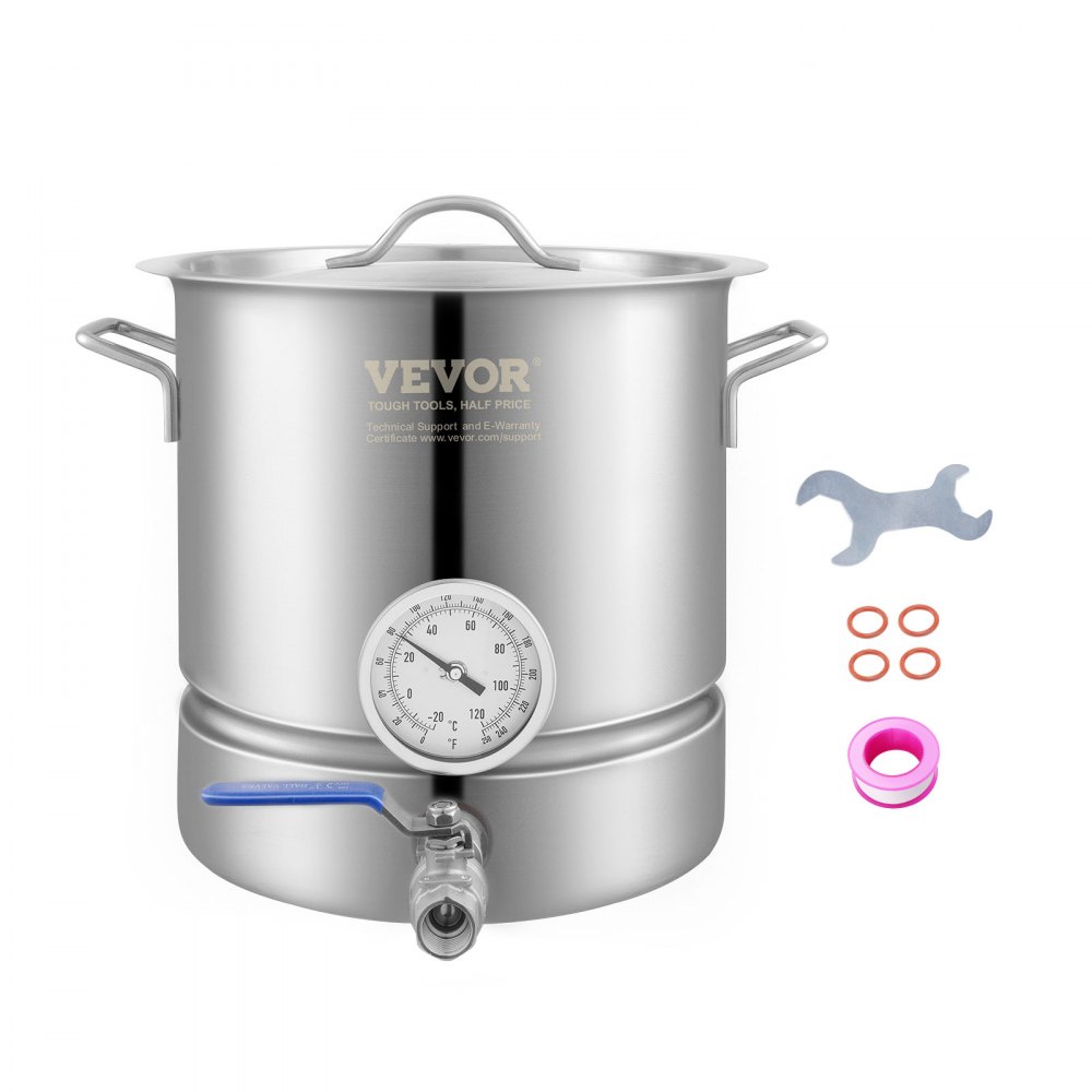 VEVOR Stainless Steel Kettle 5 Gallon Pot Tri Ply Bottom for Brew Kettle Pot for Home Supplies Includes Lid Handle Thermometer Ball Valve Spigot