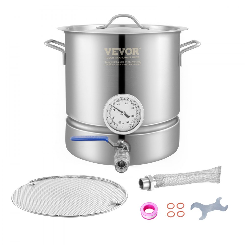 VEVOR brewing kettle with thermometer, spigot, mesh filter, wrench, and silicone gaskets.