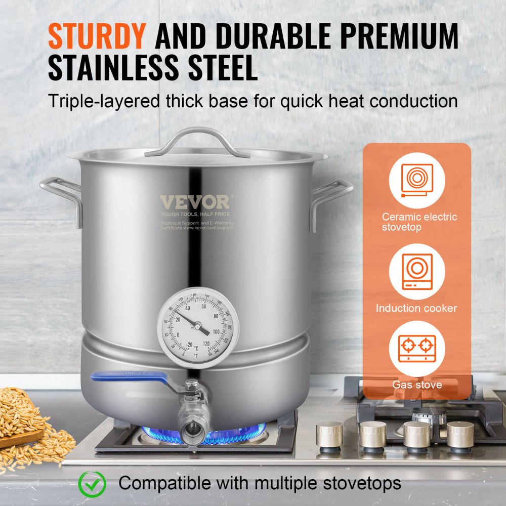 VEVOR Stainless Steel Kettle, 18.9 L Brewing Pot, Tri Ply Bottom for Beer, Brew Kettle Pot, Home Brewing Supplies Includes Lid, Handle, Thermometer, Ball Valve Spigot, Filter, Filter Tray