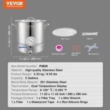VEVOR Stainless Steel Kettle, 5 GALLON Brewing Pot, Tri Ply Bottom for Beer, Brew Kettle Pot, Home Brewing Supplies Includes Lid, Handle, Thermometer, Ball Valve Spigot, Filter, Filter Tray
