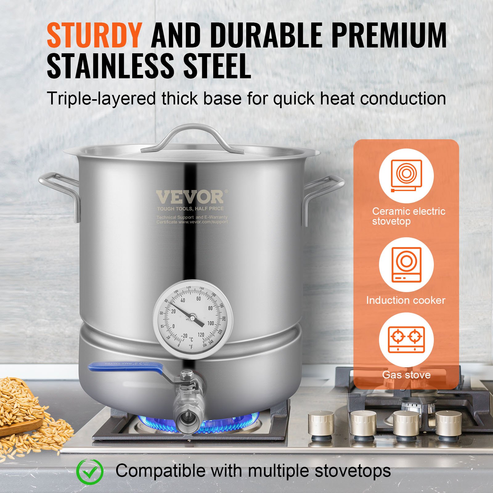 VEVOR Stainless Steel Kettle, 5 GALLON Brewing Pot, Tri Ply Bottom for Beer, Brew Kettle Pot, Home Brewing Supplies Includes Lid, Handle, Thermometer, Ball Valve Spigot, Filter, Filter Tray