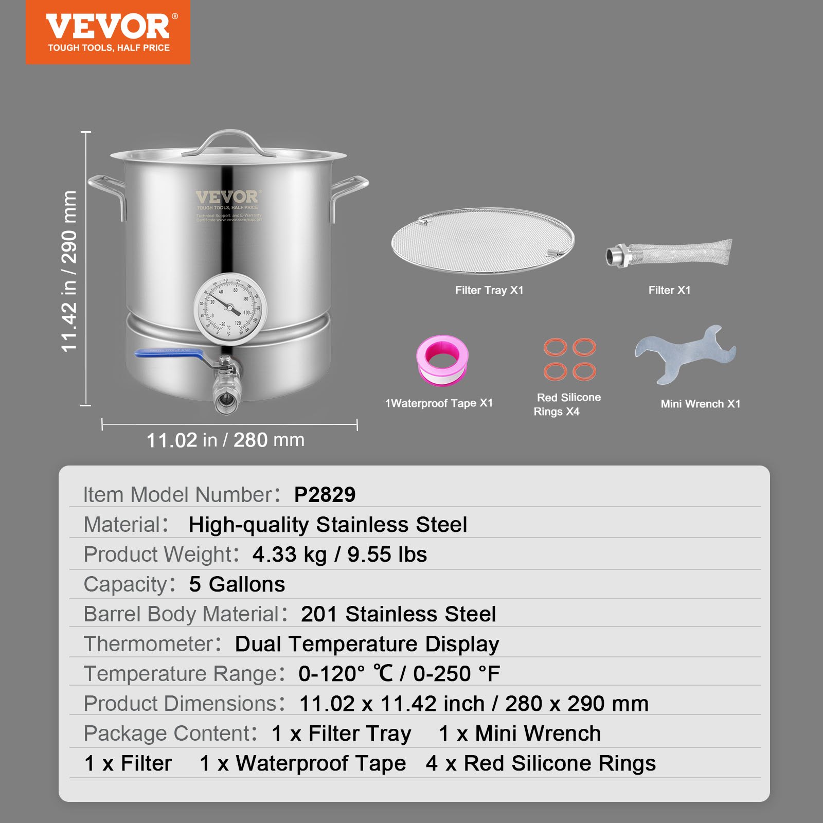 VEVOR Stainless Steel Kettle, 18.9 L Brewing Pot, Tri Ply Bottom for Beer, Brew Kettle Pot, Home Brewing Supplies Includes Lid, Handle, Thermometer, Ball Valve Spigot, Filter, Filter Tray