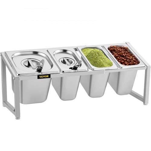 VEVOR Expandable Spice Rack, 13.8"-23.6" Adjustable, Stainless Steel Organizer Shelf with 3 1/9 Pans 1 1/6 Pan 4 Ladles, Countertop Inclined Holder for Sauce Ingredients Fruits, for Kitchen Pantry Use