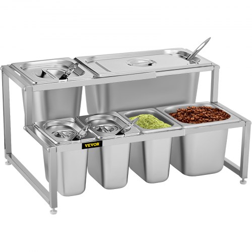 VEVOR Especiero expandible, ajustable de 13.8 a 23.6 pulgadas, estante organizador de acero inoxidable de 2 niveles con 3 1/9 sartenes, 2 1/6 sartenes, 1 1/3 sartenes, 6 cucharones, soporte inclinado para encimera para ingredientes de salsa, frutas