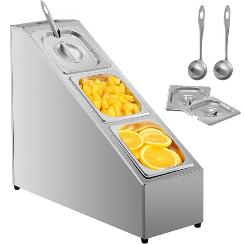 VEVOR Spice Rack Shelf, Three Rows, Stainless Steel Organizer Stand with Three 1/6 Pans and Three Ladles, Countertop Inclined Holder for Seasoning Sauce Jam Fruits Ingredients, for Kitchen Pantry Use