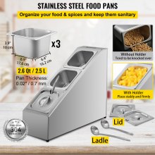 VEVOR Spice Rack Shelf, Three Rows, Stainless Steel Organizer Stand with Three 1/6 Pans and Three Ladles, Countertop Inclined Holder for Seasoning Sauce Jam Fruits Ingredients, for Kitchen Pantry Use