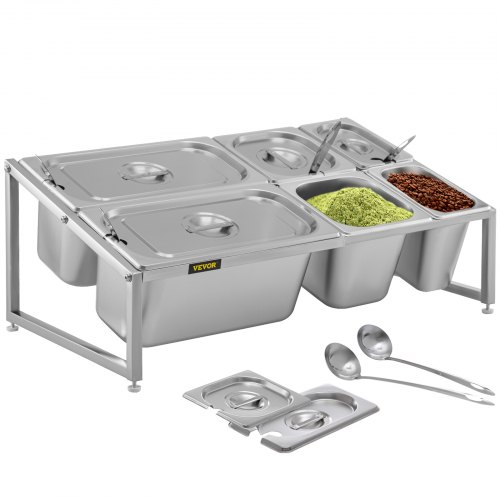 VEVOR Expandable Spice Rack, 13.8"-23.6" Adjustable, 2-Tier Stainless Steel Organizer Shelf with 2 1/9 Pans 2 1/6 Pans 2 1/3 Pans 6 Ladles, Countertop Inclined Holder for Sauce Ingredients Fruits