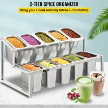 VEVOR Expandable Spice Rack, 13.8"-23.6" Adjustable, 2-Tier Stainless Steel Organizer Shelf with 10 1/9 Pans 10 Ladles, Countertop Inclined Holder for Sauce Ingredients Fruits, for Kitchen Pantry Use