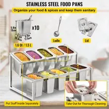 VEVOR Expandable Spice Rack, 13.8"-23.6" Adjustable, 2-Tier Stainless Steel Organizer Shelf with 10 1/9 Pans 10 Ladles, Countertop Inclined Holder for Sauce Ingredients Fruits, for Kitchen Pantry Use