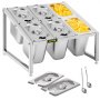 VEVOR Expandable Spice Rack, 13.8"-23.6" Adjustable, 2-Tier Stainless Steel Organizer Shelf with 6 1/9 Pans 6 Ladles, Countertop Inclined Holder for Sauce Ingredients Fruits, for Kitchen Pantry Use