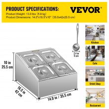 VEVOR Spice Rack Shelf, Two Rows, Stainless Steel Organizer Stand with Four 1/6 Pans and Four Ladles, Countertop Inclined Holder for Seasoning Sauce Jam Fruits Ingredients, for Kitchen Pantry Use