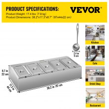 VEVOR Spice Rack Shelf, One Row, Stainless Steel Organizer Stand with Five 1/3 Pans and Five Ladles, Countertop Inclined Holder for Seasoning Sauce Jam Fruits Ingredients, for Kitchen Pantry Use