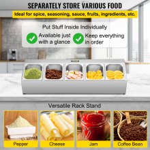 VEVOR Spice Rack Shelf, One Row, Stainless Steel Organizer Stand with Five 1/6 Pans and Five Ladles, Countertop Inclined Holder for Seasoning Sauce Jam Fruits Ingredients, for Kitchen Pantry Use