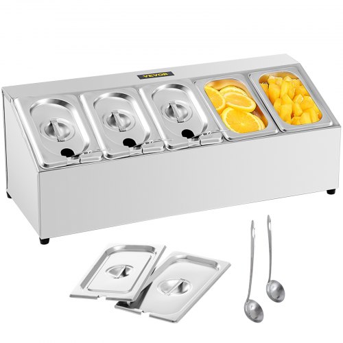 VEVOR Spice Rack Shelf, One Row, Stainless Steel Organizer Stand with Five 1/9 Pans and Five Ladles, Countertop Inclined Holder for Seasoning Sauce Jam Fruits Ingredients, for Kitchen Pantry Use