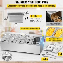 VEVOR Spice Rack Shelf, One Row, Stainless Steel Organizer Stand with Five 1/9 Pans and Five Ladles, Countertop Inclined Holder for Seasoning Sauce Jam Fruits Ingredients, for Kitchen Pantry Use