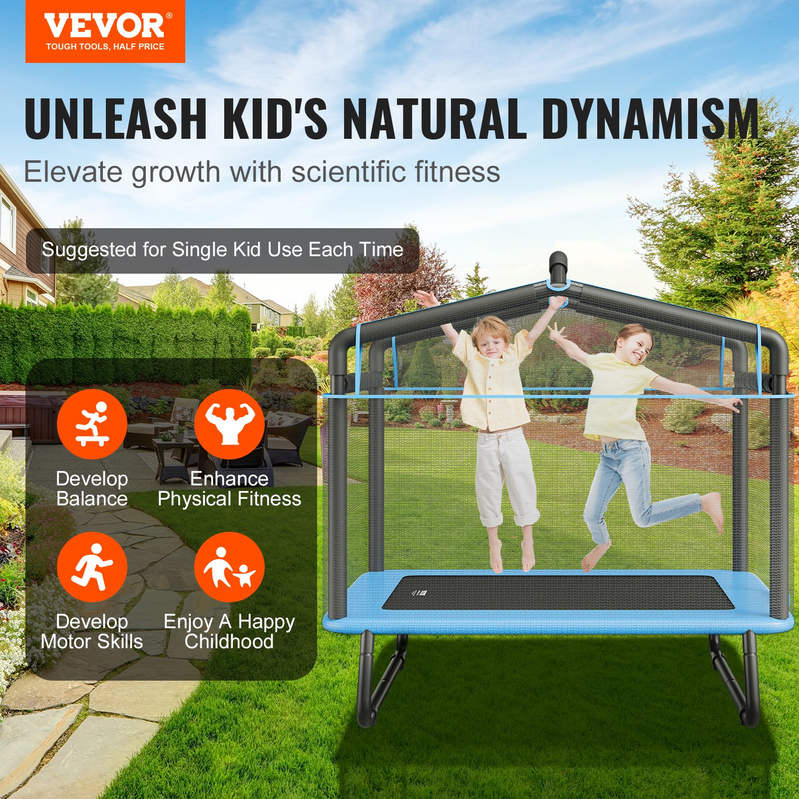 VEVOR 6FT Trampoline for Kids, 72" Indoor/Outdoor Toddlers Trampoline, Mini Baby Trampoline with Safety Enclosure Net, Gymnastics Bar, Hammock, Recreational Trampoline Birthday Gift for 3+ Years Kids