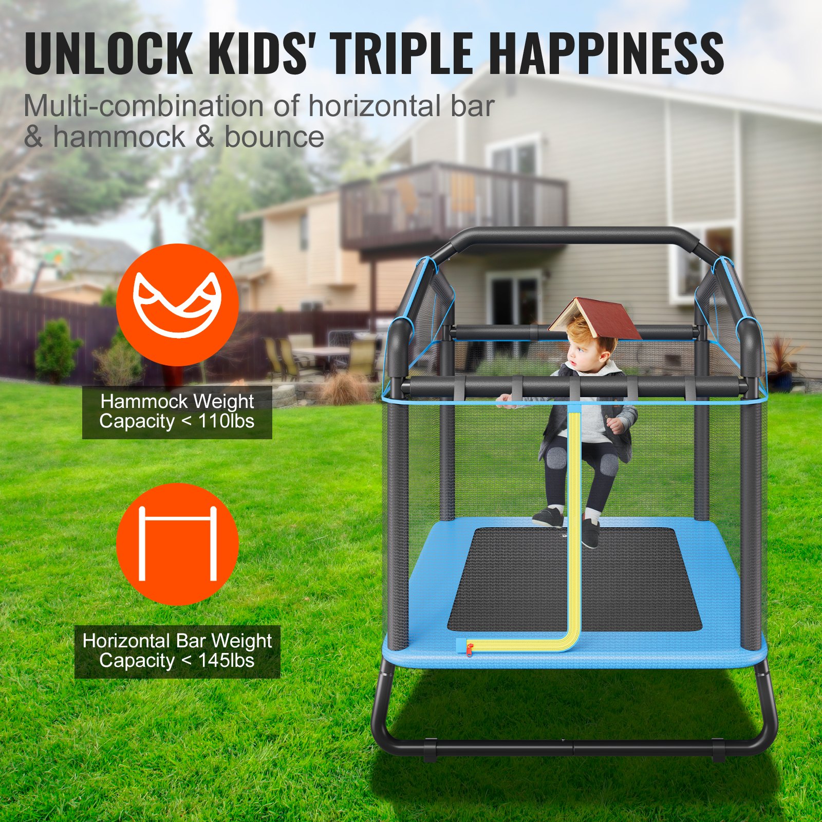 VEVOR 6FT Trampoline for Kids, 72" Indoor/Outdoor Toddlers Trampoline, Mini Baby Trampoline with Safety Enclosure Net, Gymnastics Bar, Hammock, Recreational Trampoline Birthday Gift for 3+ Years Kids