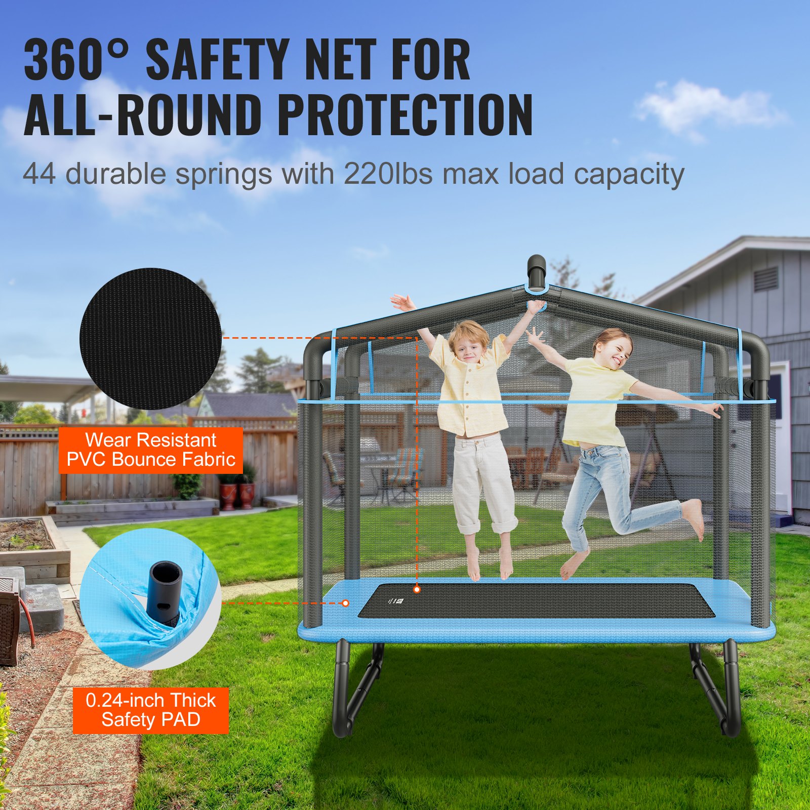 VEVOR 6FT Trampoline for Kids, 72" Indoor/Outdoor Toddlers Trampoline, Mini Baby Trampoline with Safety Enclosure Net, Gymnastics Bar, Hammock, Recreational Trampoline Birthday Gift for 3+ Years Kids
