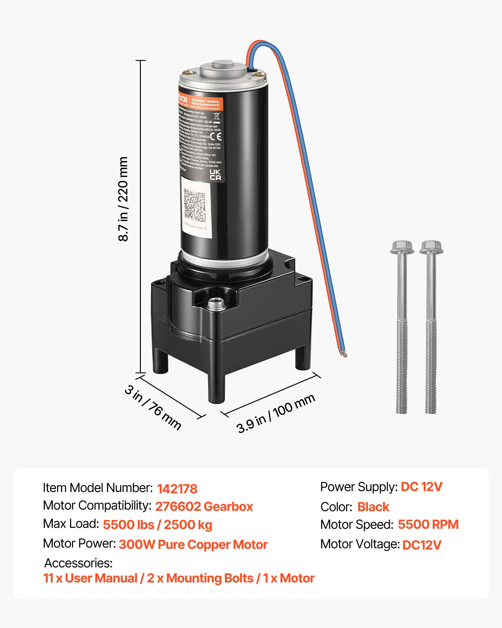 VEVOR RV 5th Wheel Landing Gear Motor, Replaces LG-142178, 2500 kg Capacity, 300W RV Fifth Wheel Power Landing Gear Motor Compatible with Lippert Venture, Atwood, Stromberg Carlson Systems, Black