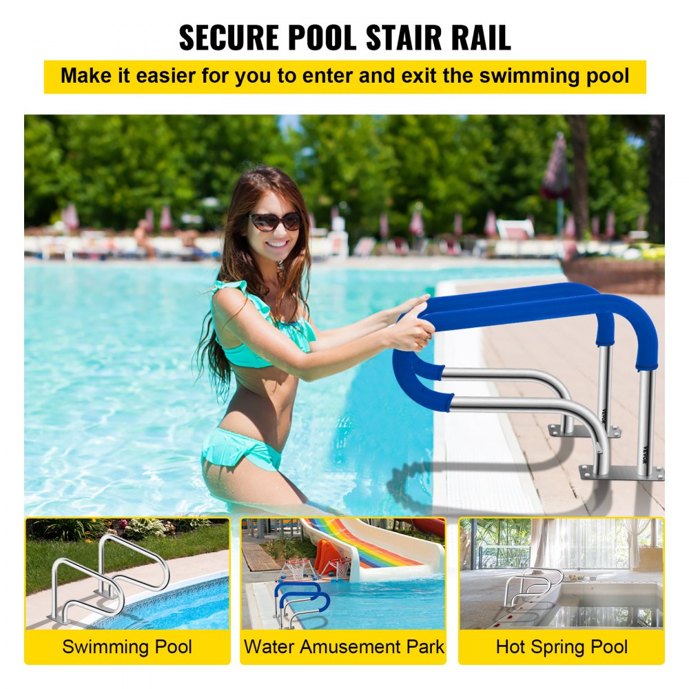 VEVOR Swimming Pool Handrail Ladder Handrail Stainless Steel Rail w/ Base Plate