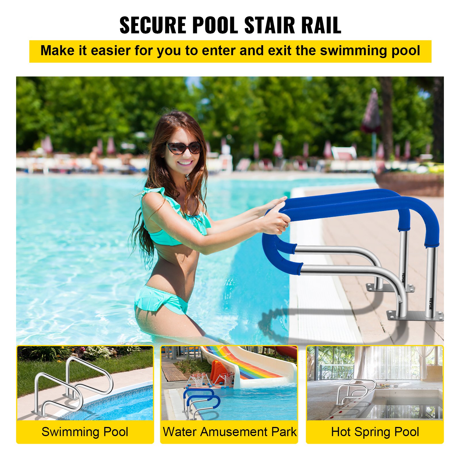 VEVOR Swimming Pool Handrail Ladder Handrail Stainless Steel Rail w/ Base Plate
