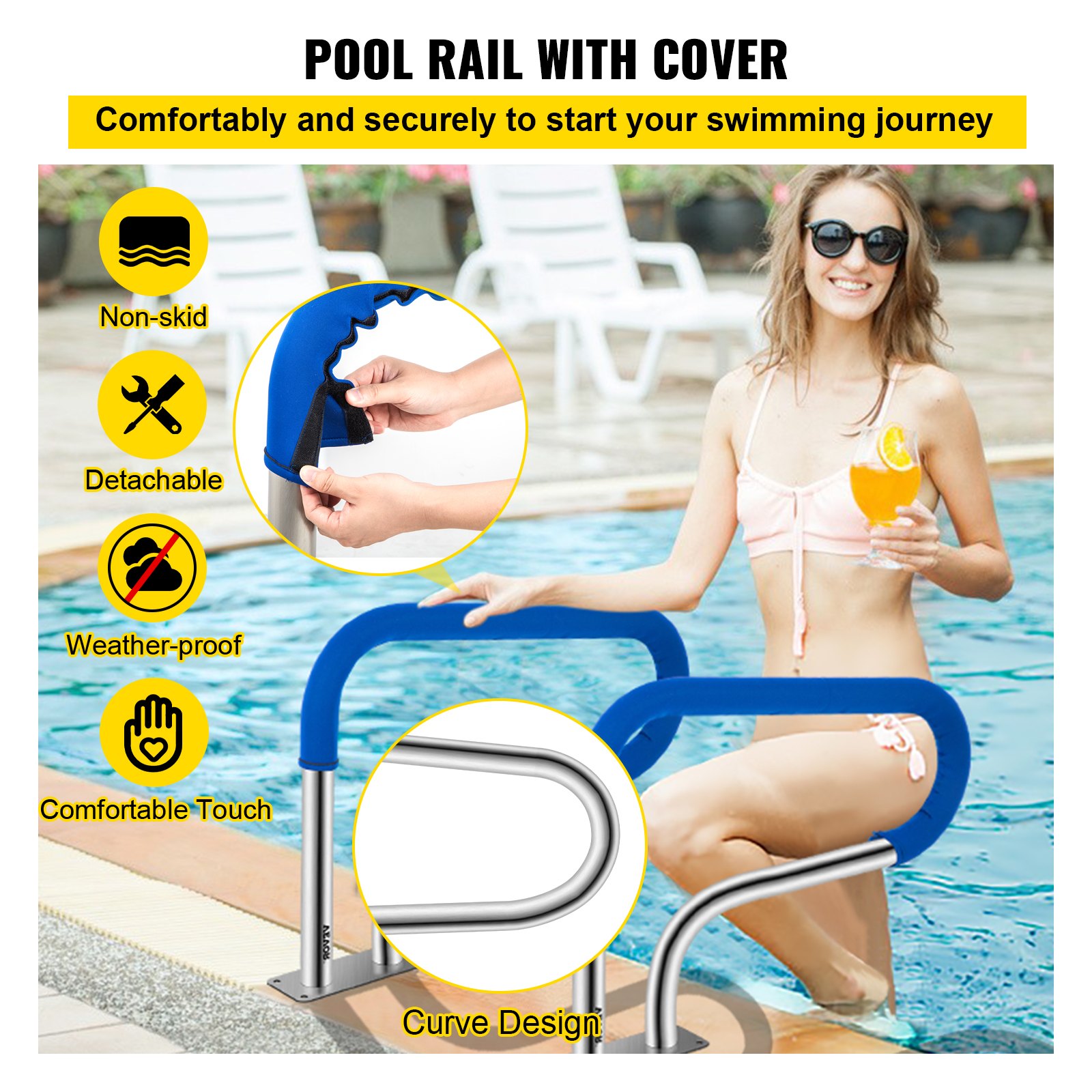 VEVOR Pool Handrail, 32 x 22.5 Swimming Pool Stair Rail, 304 Stainless Steel Stair Pool Hand Rail Rated 375lbs Load Capacity, Pool Rail with Quick Mount Base Plate, and Complete Mounting Accessories