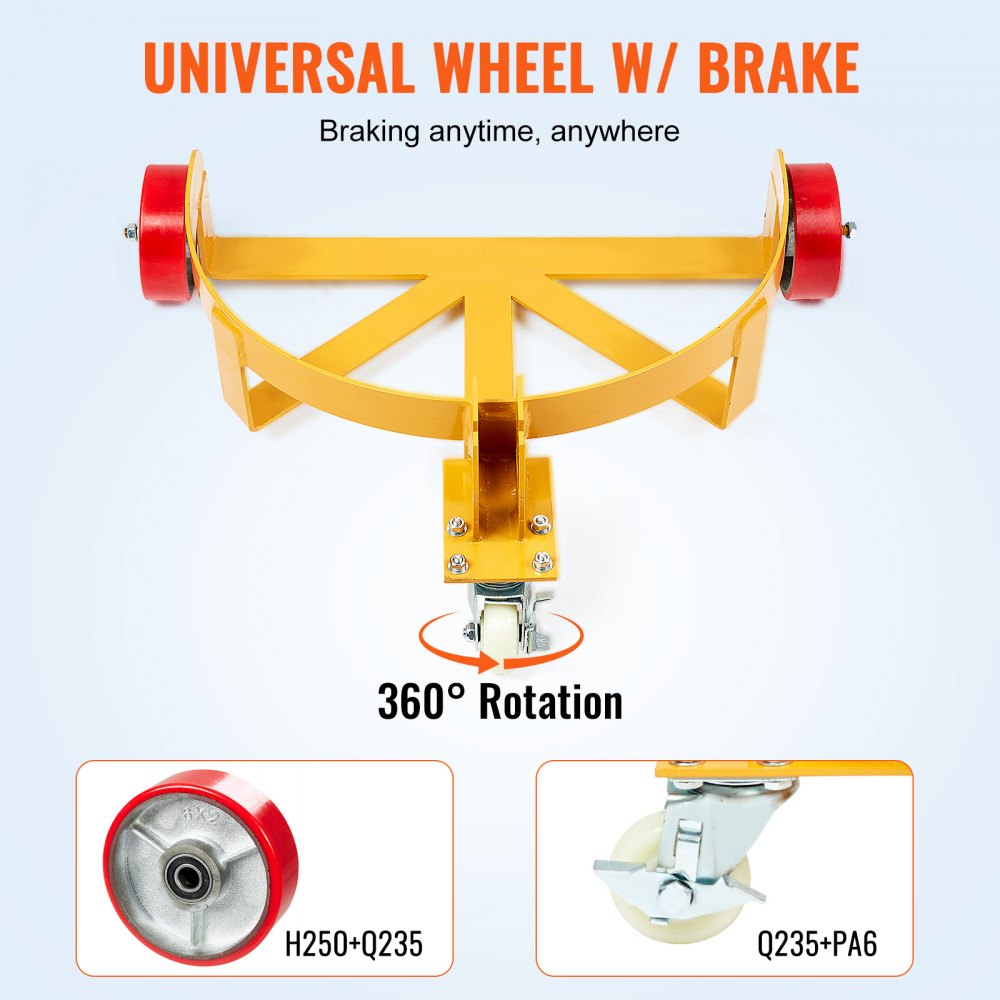 VEVOR 250L Drum Dolly, 544 kg Load Capacity, Barrel Dolly Cart Drum Caddy Round Dolly Steel Low Profile, Heavy Duty Steel Frame with Adjustable Handle 3 Wheels, for Workshop Factory Warehouse