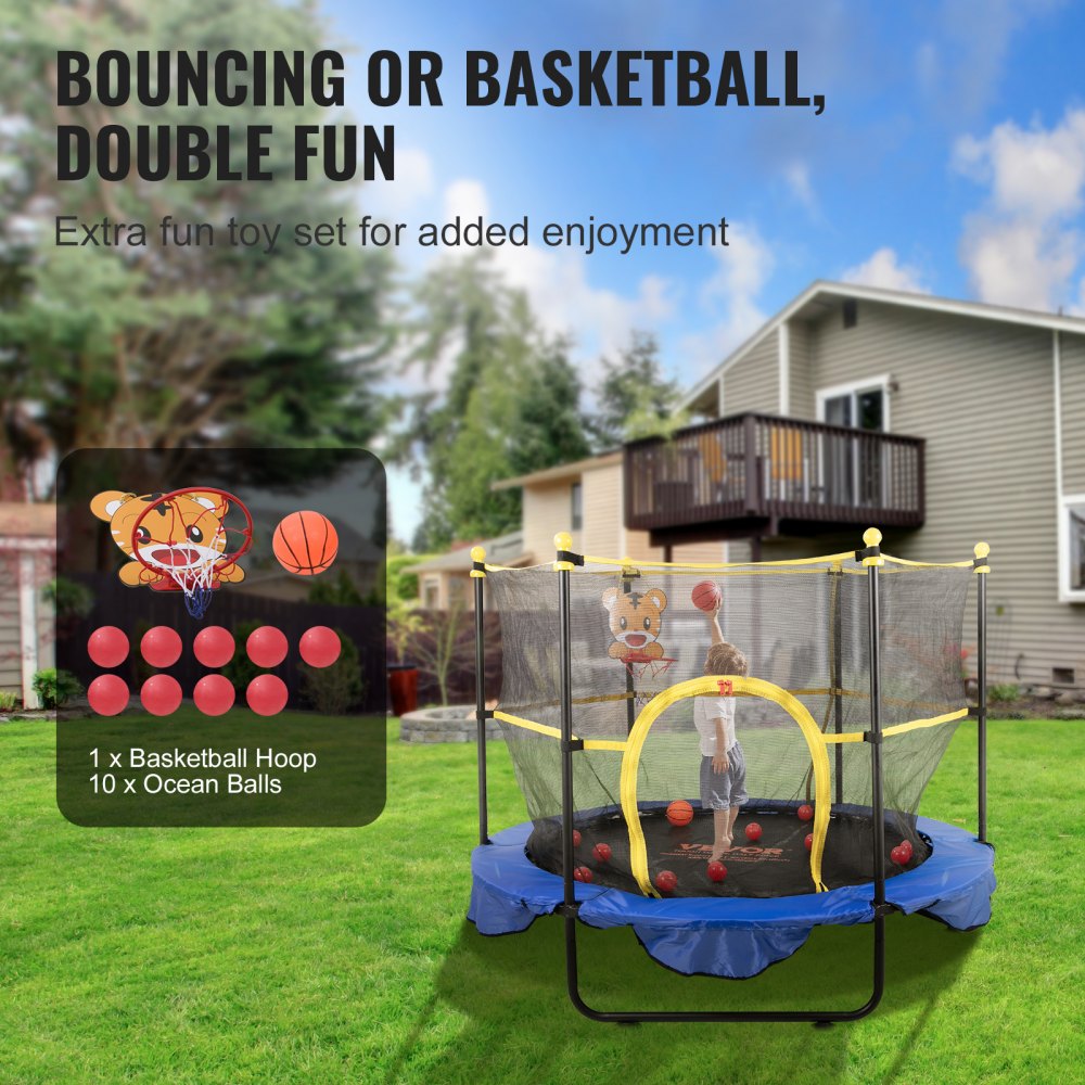 VEVOR 5FT Trampoline for Kids, 60" Indoor Outdoor Trampoline with Safety Enclosure Net, Basketball Hoop and Ocean Balls, Mini Toddler Recreational Trampoline Birthday Gifts for 3+ Years Kids