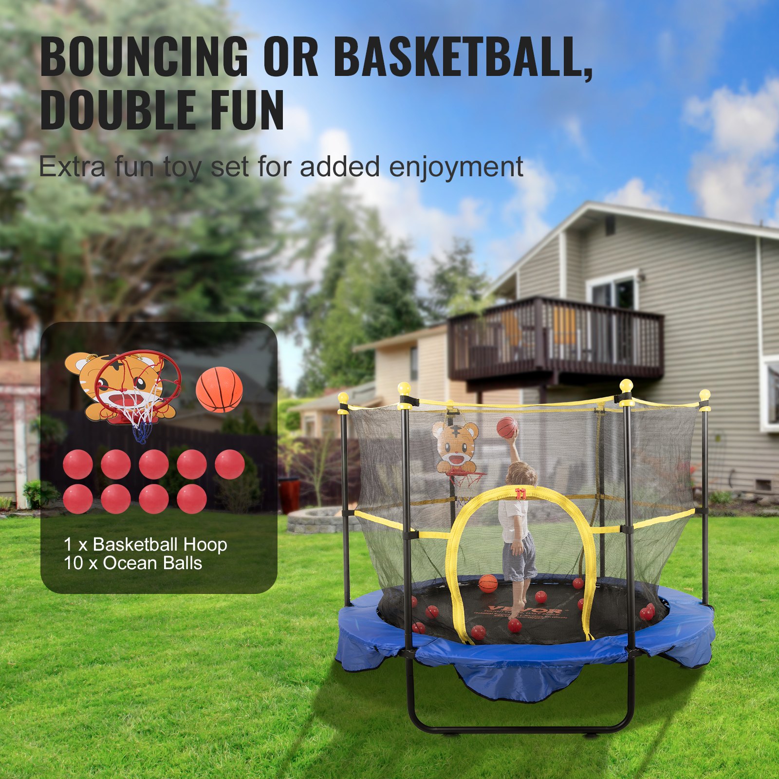 VEVOR 5FT Trampoline for Kids, 60" Indoor Outdoor Trampoline with Safety Enclosure Net, Basketball Hoop and Ocean Balls, Mini Toddler Recreational Trampoline Birthday Gifts for 3+ Years Kids